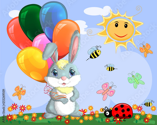 Cute cartoon bunny with an armful of balls on a glade near the rainbow. Spring, postcard