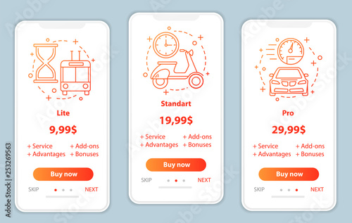 Tariff plans onboarding mobile app screens vector templates