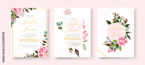 Wedding floral golden invitation card save the date design with pink flowers photo