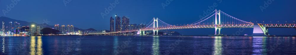 Gwangan Bridge and skyscrapers in the night. Busan, South Korea