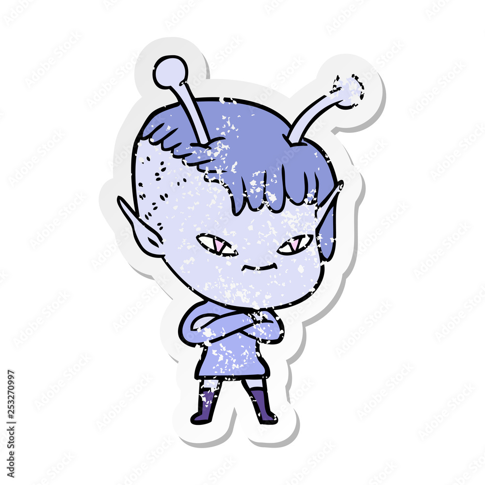 distressed sticker of a cute cartoon alien girl distressed sticker of a cute cartoon alien girl