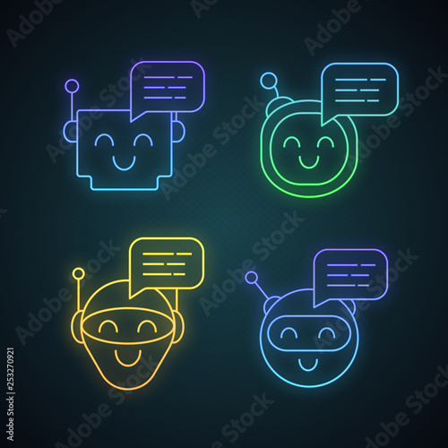 Chatbots messages neon light icons set