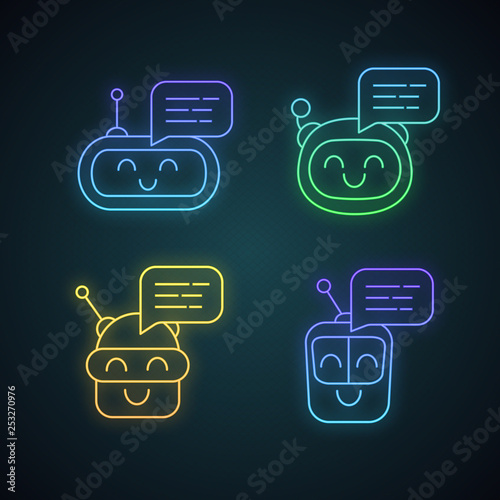 Chatbots messages neon light icons set