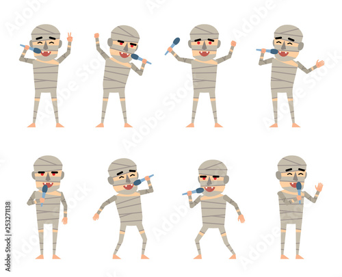 Set of halloween mummy characters posing with microphone in various situations. Funny mummy karaoke singing. Flat style vector illustration