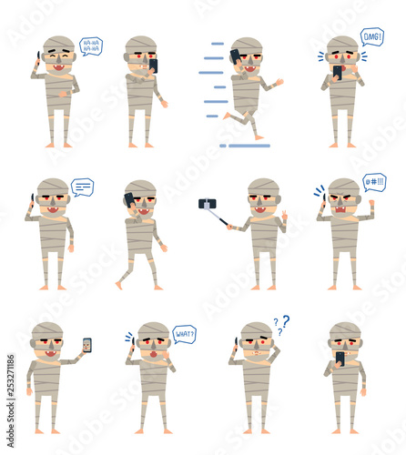 Set of halloween mummy characters posing with phone in various situations. Funny mummy talking on phone, walking, surprised, angry and showing other actions. Flat style vector illustration