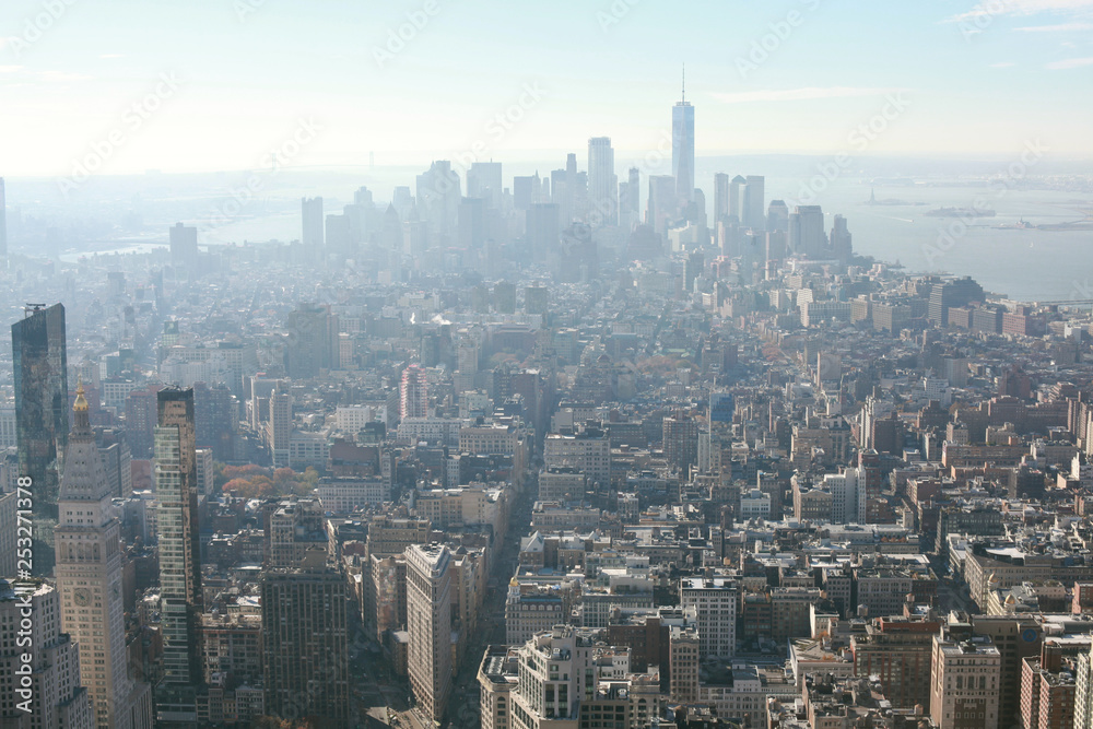 new york city skyline aerial view in a foggy day