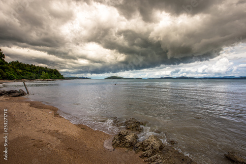 The background of a cloudy sky, colorful like a storm, and rain later, with blurring of wind and sea together, is a phenomenon that occurs naturally.