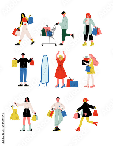 Young Women and Men in Trendy Clothes Carrying Shopping Bags with Purchases Set, People Purchasing at Store, Mall or Shop Vector Illustration © topvectors