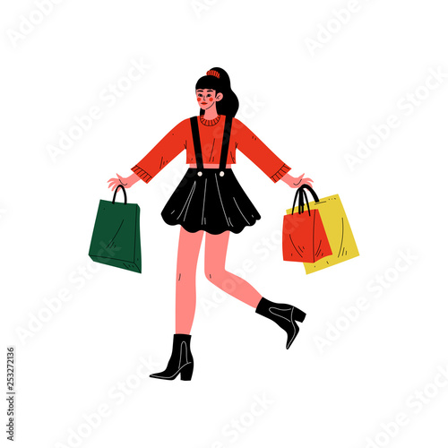 Young Woman Carrying Shopping Bags with Purchases, Beautiful Girl Purchasing at Store, Mall, Shop Vector Illustration © topvectors