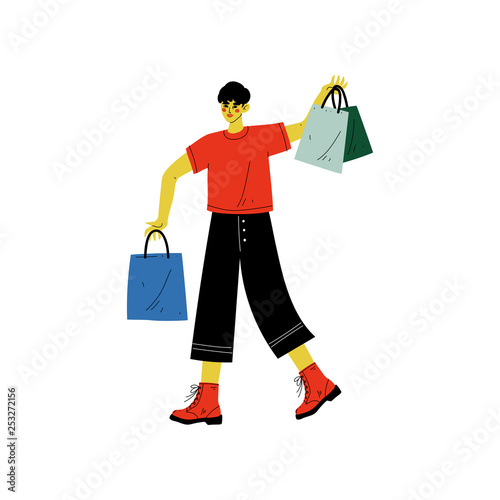 Young Man Walking with Shopping Bags with Purchases, Guy Purchasing, Seasonal Sale at Store, Mall or Shop Vector Illustration
