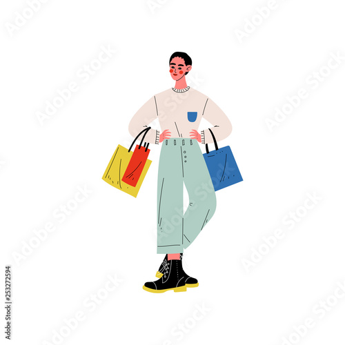 Young Man in Trendy Clothes Standing with Shopping Bags with Purchases, Seasonal Sale at Store, Mall, Shop Vector Illustration