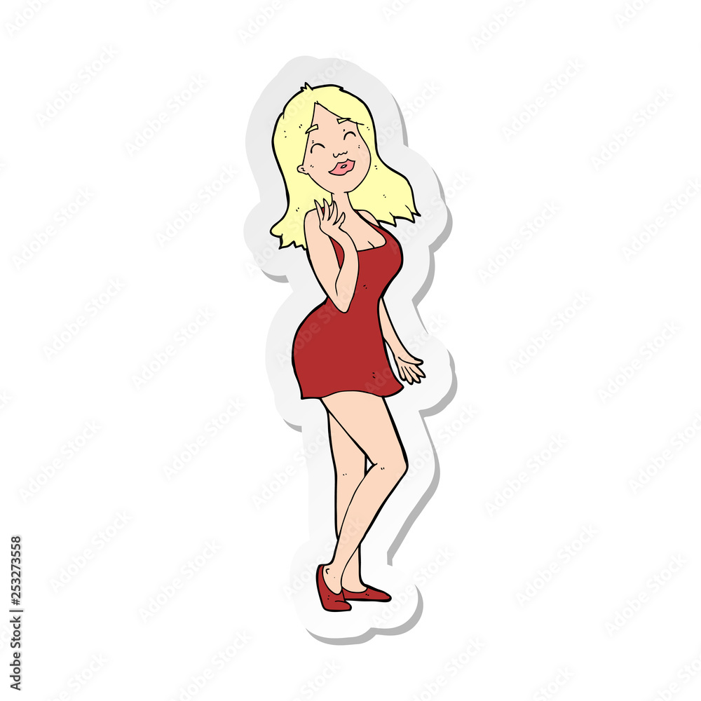 sticker of a cartoon pretty woman in cocktail dress sticker of a cartoon pretty woman in cocktail dress