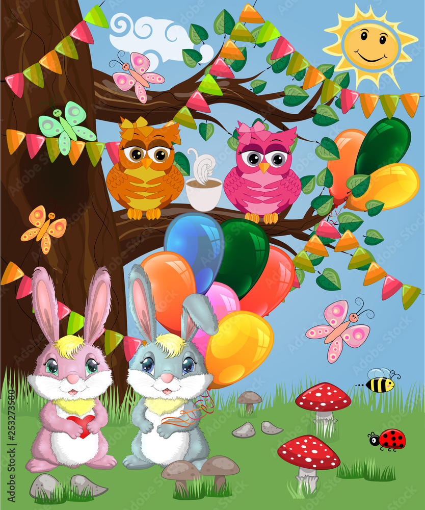 Naklejka premium Two cute bunny with balls in a forest glade. Boy and girl, concept spring, love