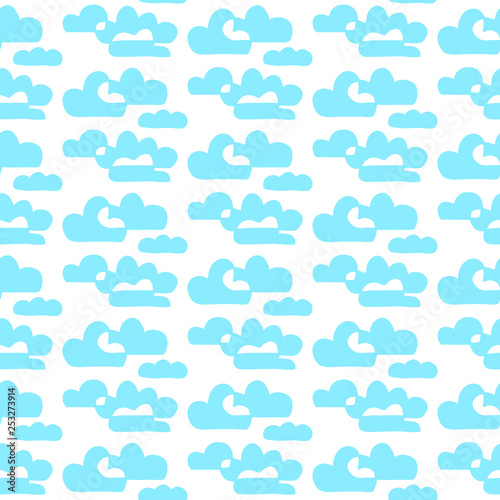 Blue and white hand drawn contour clouds hand drawn seamless pattern