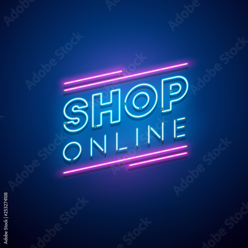 Shop online neon sign. Vector illustration.