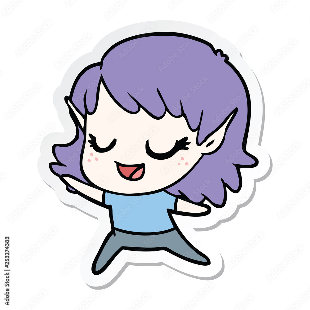 sticker of a carton happy elf girl dancing sticker of a carton happy elf girl dancing