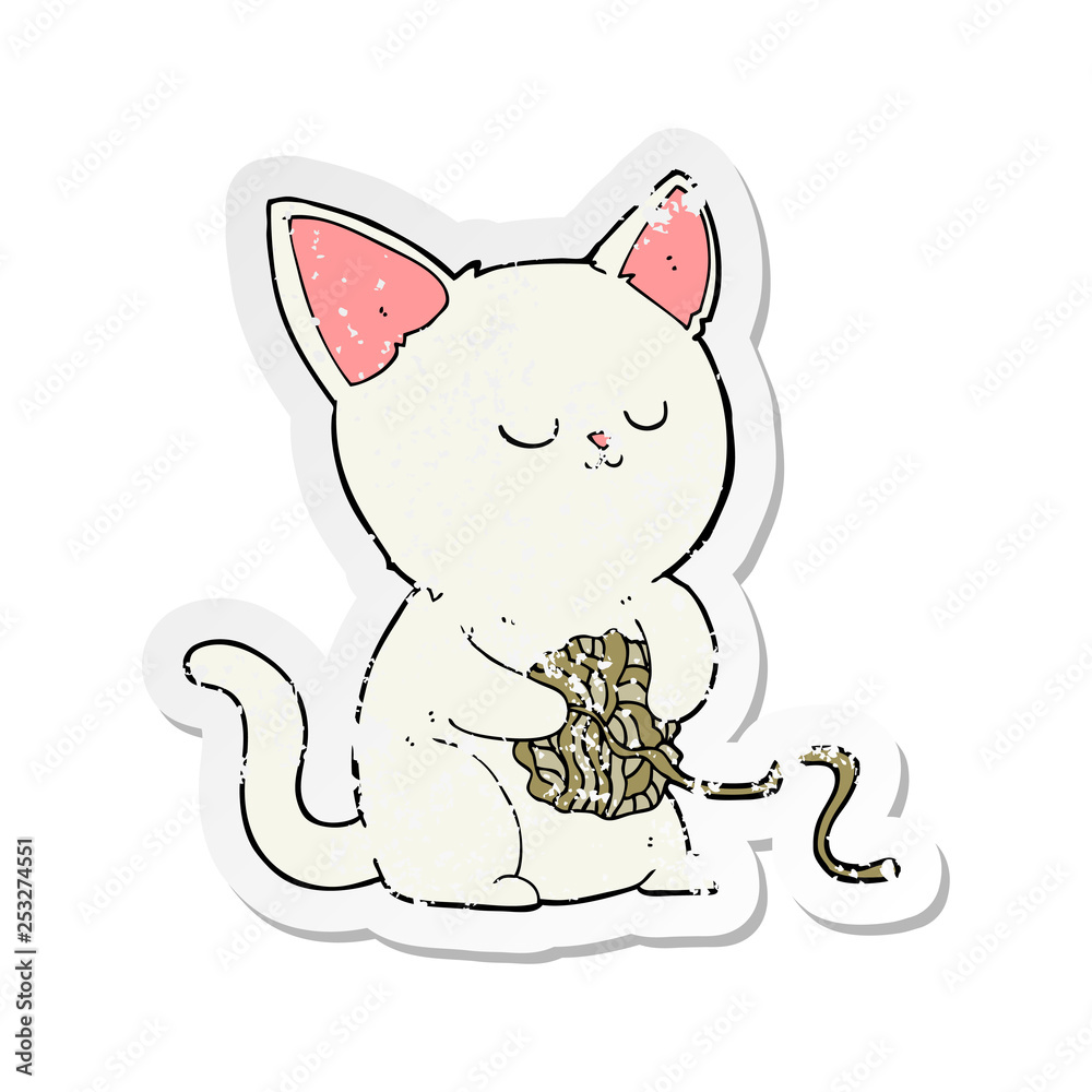 retro distressed sticker of a cartoon cat playing with ball of yarn retro distressed sticker of a cartoon cat playing with ball of yarn