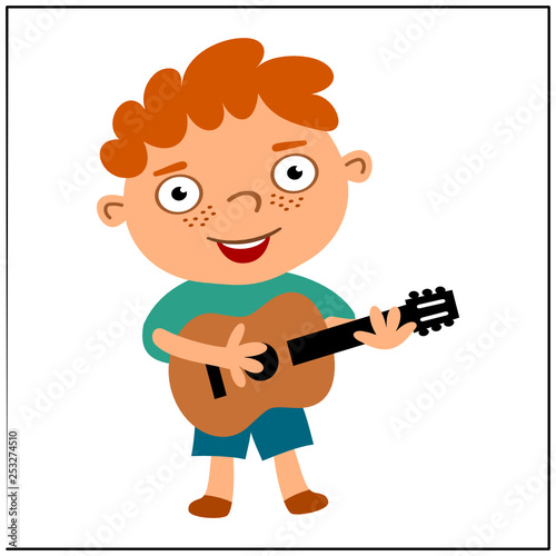 Funny boy in cartoon style playing guitar isolated on white background.