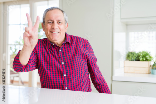 Handsome senior man at home smiling looking to the camera showing fingers doing victory sign. Number two.