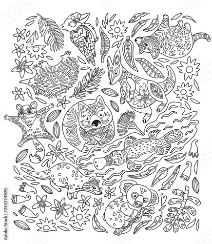 Ink set of decorative Australian animals. Vector illustration