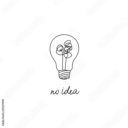 no creativity complicated idea concept illustration. simple line light bulb with tangled filament thread vector design.