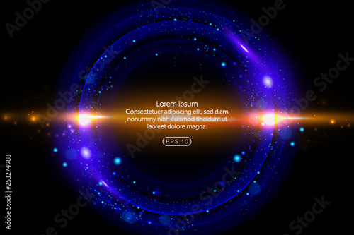 Neon circle. Round frame with glowing and light. Electric bright 3d circuit banner design on dark blue backdrop. Neon abstract circle background with flares and sparkles. Shiny circles background.