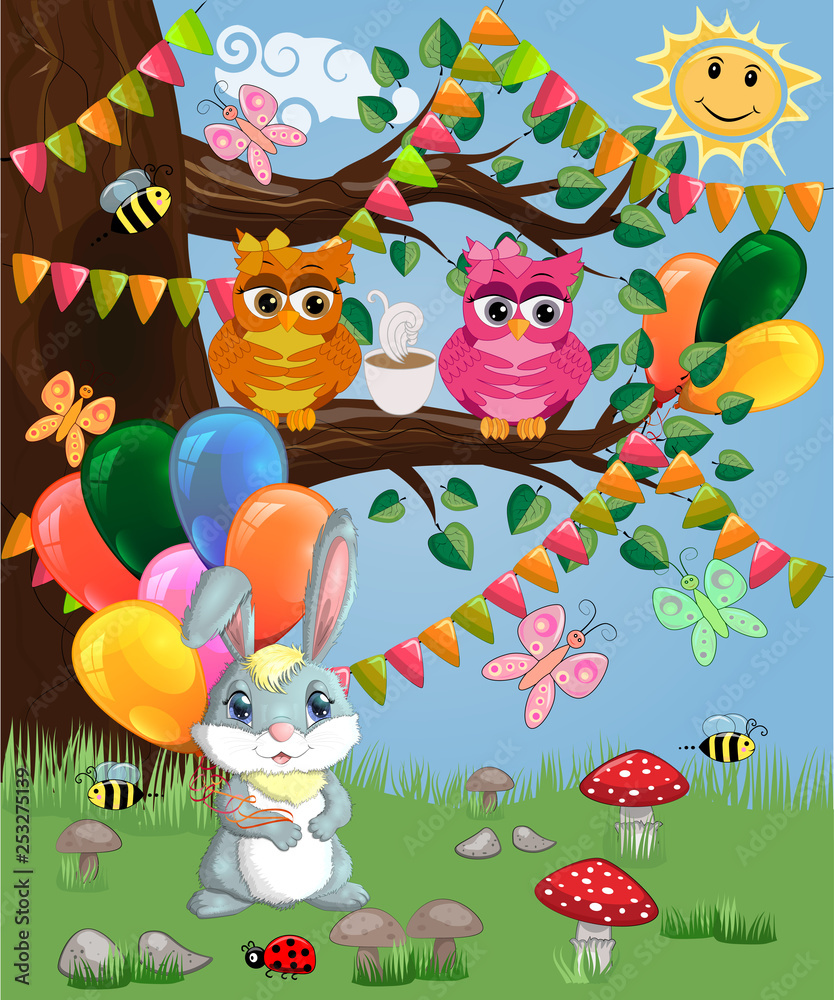 Cute cartoon bunny with an armful of balls in a forest glade. love, postcard Cute cartoon bunny with an armful of balls in a forest glade. love, postcard
