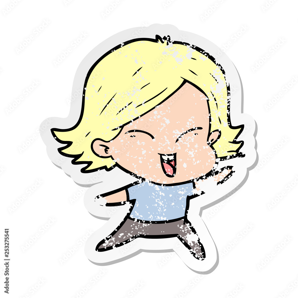 distressed sticker of a happy cartoon girl distressed sticker of a happy cartoon girl