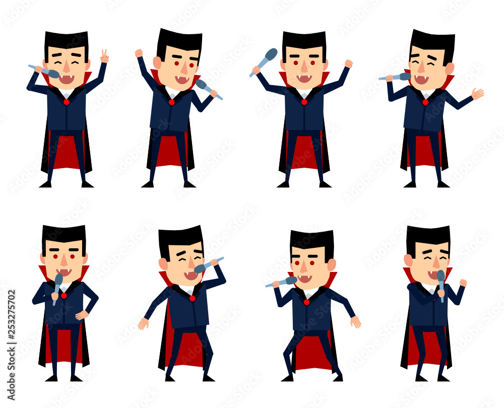 Set of halloween vampire characters posing with microphone in various situations. Funny vampire karaoke singing. Flat style vector illustration Set of halloween vampire characters posing with microphone in various situations. Funny vampire karaoke singing. Flat style vector illustration