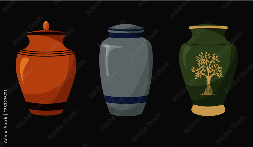 Set of flat design icons of urns for ashes. Cremation and funeral urn with dust. Burial and dead man. Isolated. Vector illustration. Stock Adobe Stock