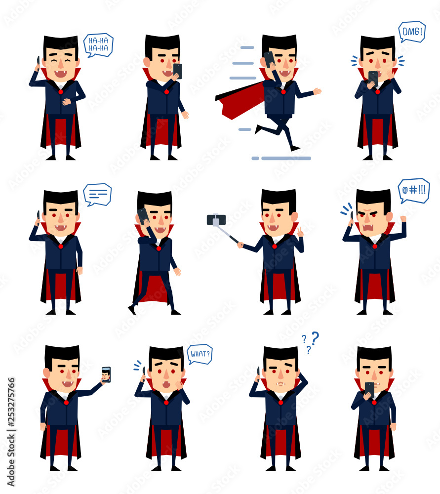 Set of halloween vampire characters posing with in various situations. Funny vampire talking on phone, angry, surprised, running and showing other actions. Flat style vector illustration Set of halloween vampire characters posing with in various situations. Funny vampire talking on phone, angry, surprised, running and showing other actions. Flat style vector illustration
