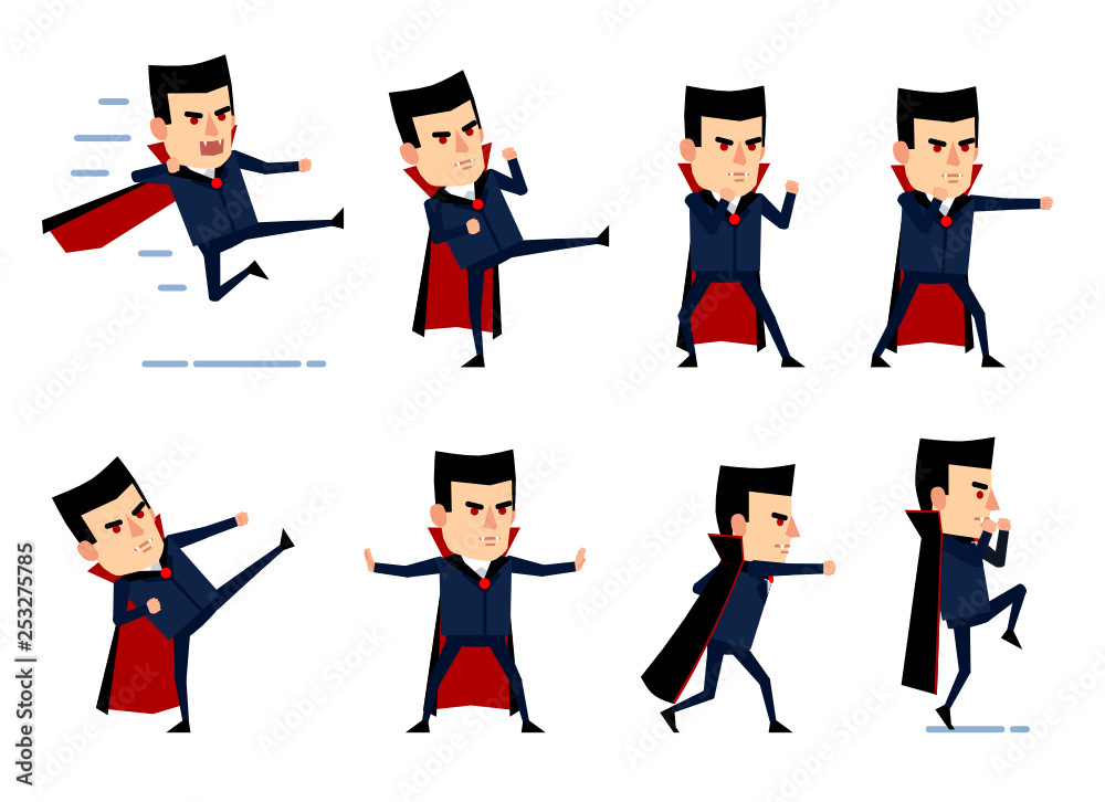 Set of halloween vampire characters fighting. Vampire shows different punches and kicks, jumps and shows other actions. Flat style vector illustration