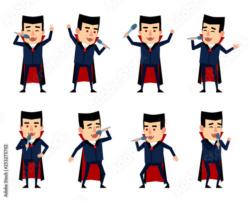 Set of halloween vampire characters posing with microphone in various situations. Funny vampire karaoke singing. Flat style vector illustration