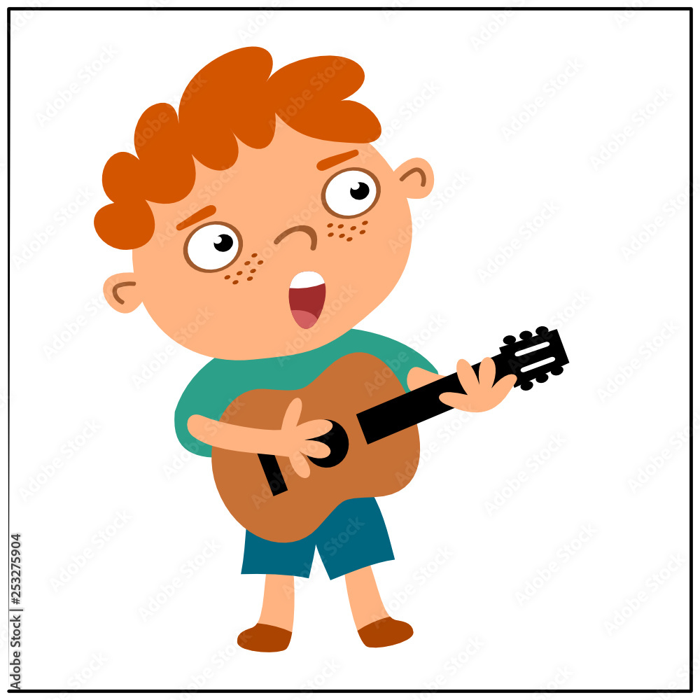 Funny boy singing and playing guitar isolated on white background. Funny boy singing and playing guitar isolated on white background.