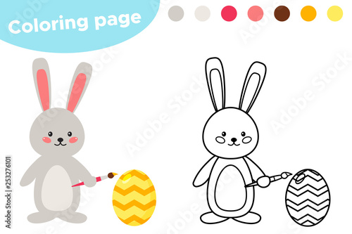 Spring coloring, cute cartoon Easter bunny paints an egg. Educational game for preschoolers. Vector illustration.