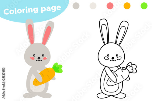 Spring coloring page, cute cartoon Easter rabbit with carrot. Educational game for preschool kids. Vector illustration.