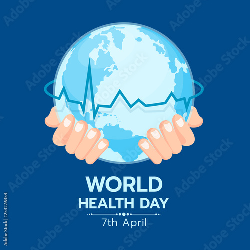 World health day banner with hand hold circle world and line heart wave around on blue background vector design