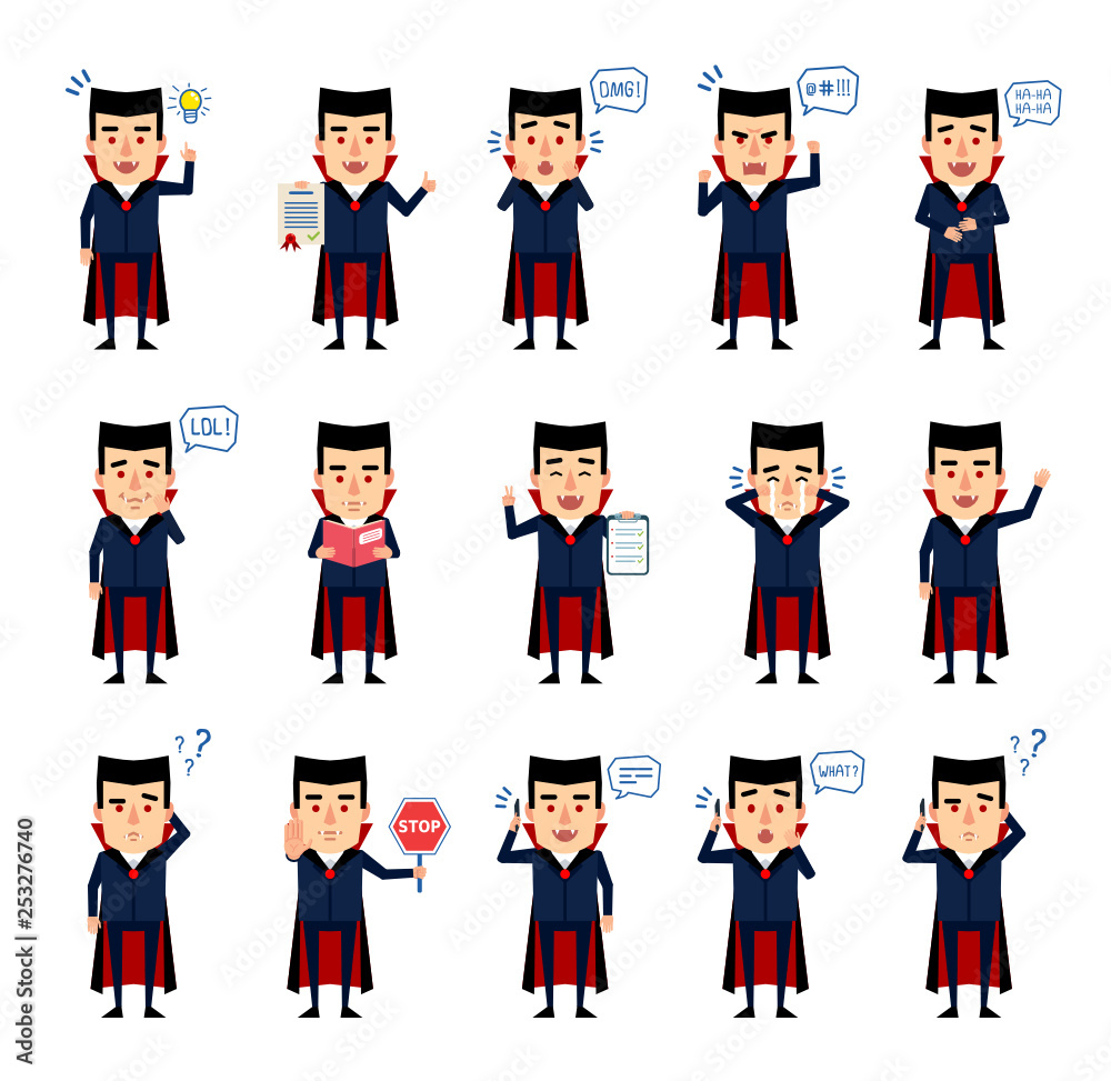 Set of halloween vampire characters showing different actions. Funny vampire laughing, crying, angry, reading book and showing other actions. Flat style vector illustration Set of halloween vampire characters showing different actions. Funny vampire laughing, crying, angry, reading book and showing other actions. Flat style vector illustration
