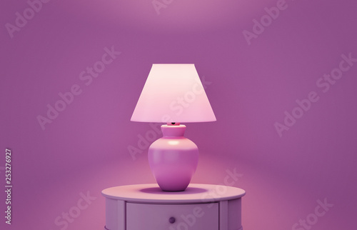 Stylish lamp on table against color wall, space for text. Design with living purple color
