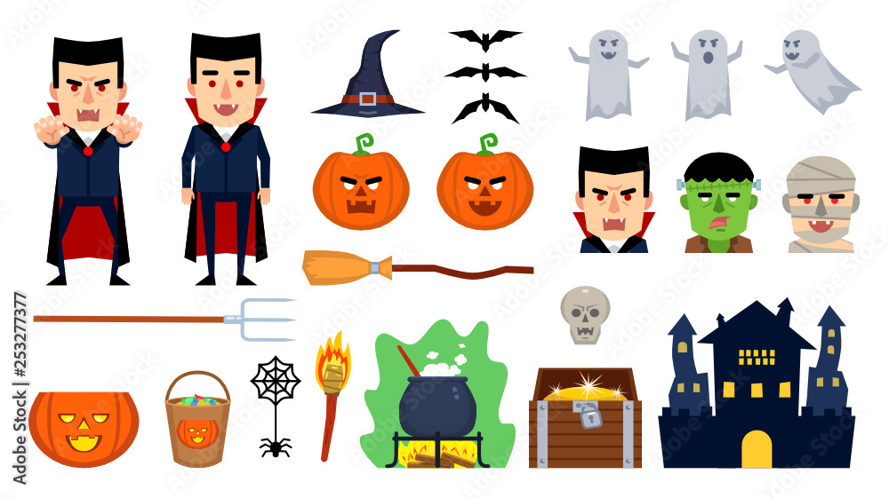Set of different Halloween design elements. Scary pumpkin, boiling pot, bat, spider, witches hat, broom, vampire, zombie, mummy, ghost and other icons. Flat style vector illustration Set of different Halloween design elements. Scary pumpkin, boiling pot, bat, spider, witches hat, broom, vampire, zombie, mummy, ghost and other icons. Flat style vector illustration