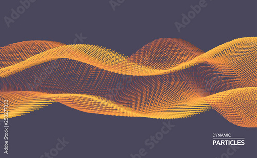 Wavy background. Array with dynamic particles. Composition with motion effect. 3d technology style. Vector illustration.