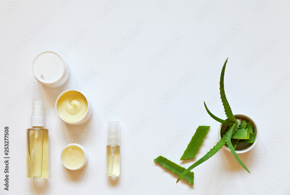 Natural healing moisturizing bio cosmetics with aloe vera juice for face  and hand skin care: cream,