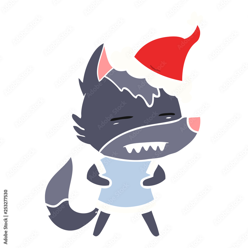 flat color illustration of a wolf showing teeth wearing santa hat flat color illustration of a wolf showing teeth wearing santa hat