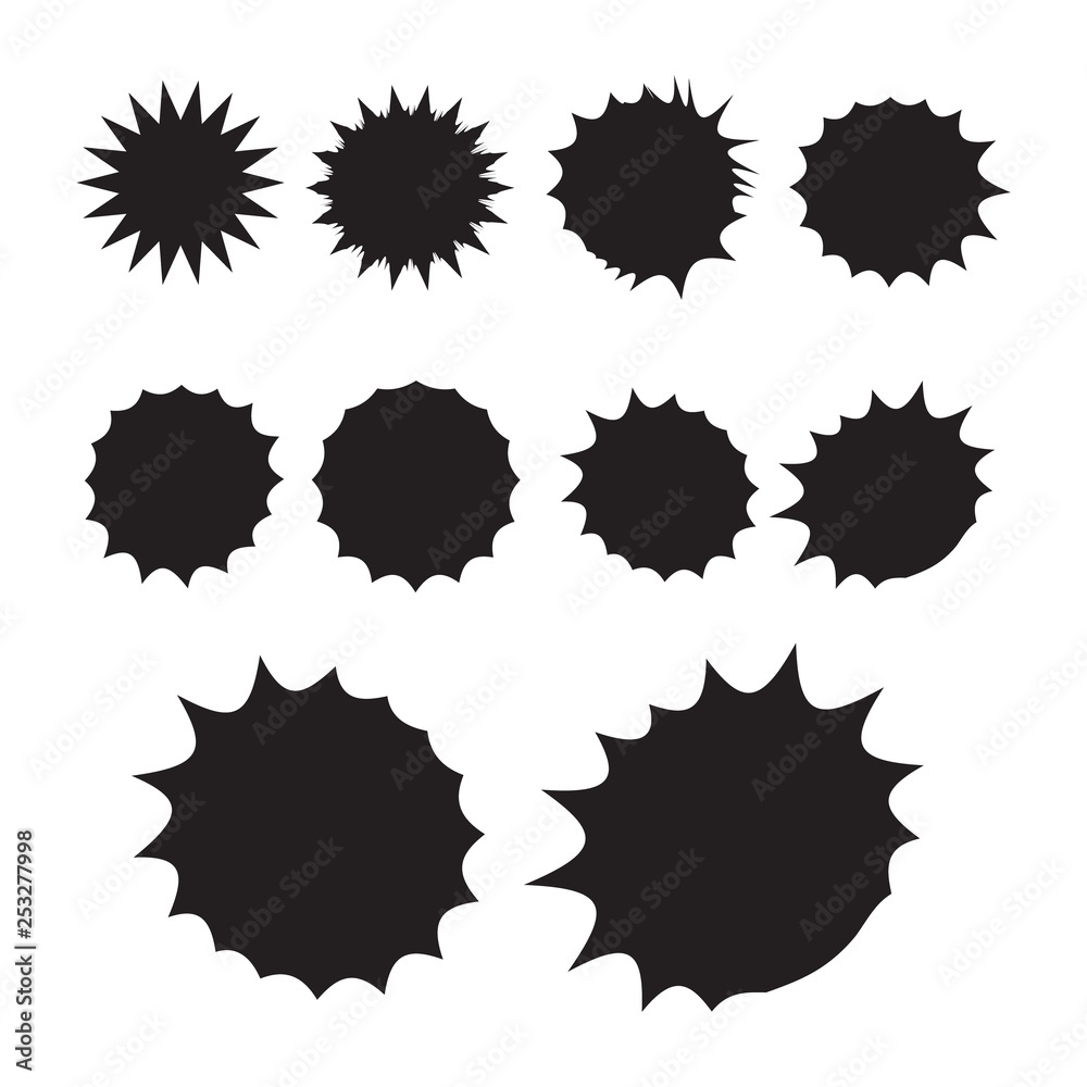 Starburst isolated icons set. Starburst explosion comic shapes. Speech boom bubble