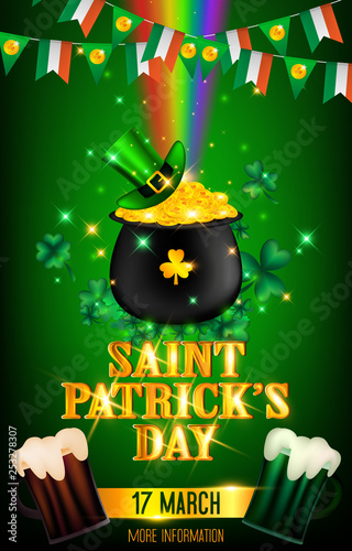 Poster of Saint Patrick's Day presented in green and golden tones.In side consist of a rainbow point to the black pot full of gold coins covered with green high hat and rounding by tiny particle magic