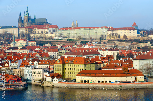 Beautiful view of embankment of Vltava River, historic district Mala Strana, Prague Castle, Prague, Czech Republic