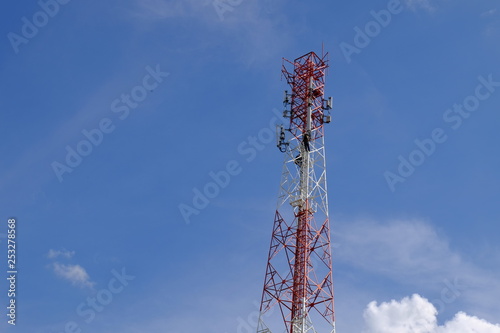 wireless phone systems and microwave systems. Microwave system.Wireless Communication Antenna With bright sky.Telecommunication tower with antennas.