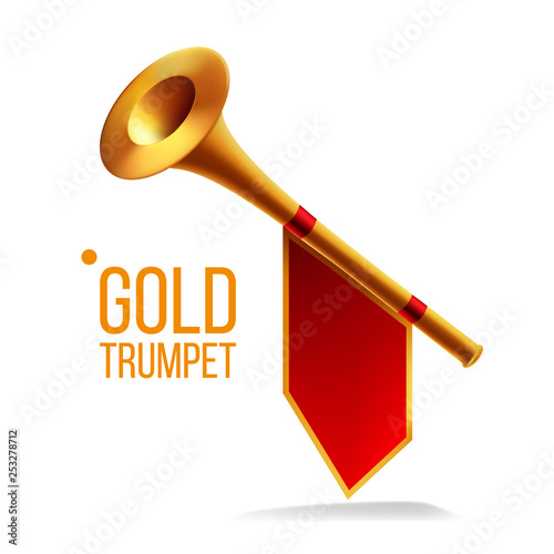 Gold Trumpet Vector. Fanfare Horn. Musical Herald Object. Loud Instrument. Isolated Realistic Illustration