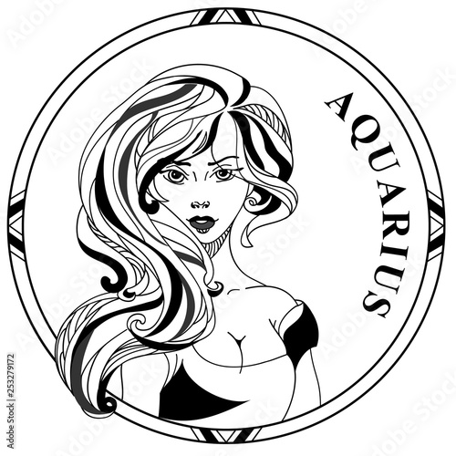 Vector illustration of sign zodiac Aquarius. Girl face with long hair in round frame. Line art. Design for tattoo.