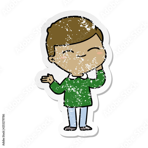 distressed sticker of a cartoon shy smiling boy